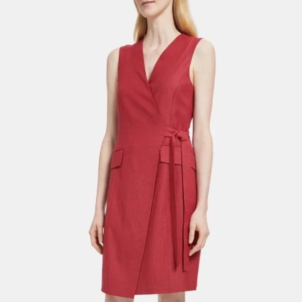 Brand New Theory Sleeveless Wrap Dress in Wool Flannel, Size 0
